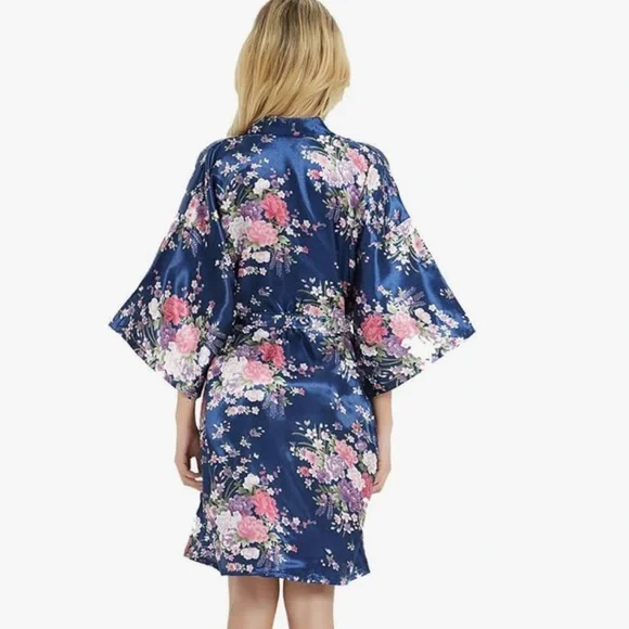 Mother’s Day Floral Soft Silky Dark Blue Kimono Robe - Picture 2 of 4